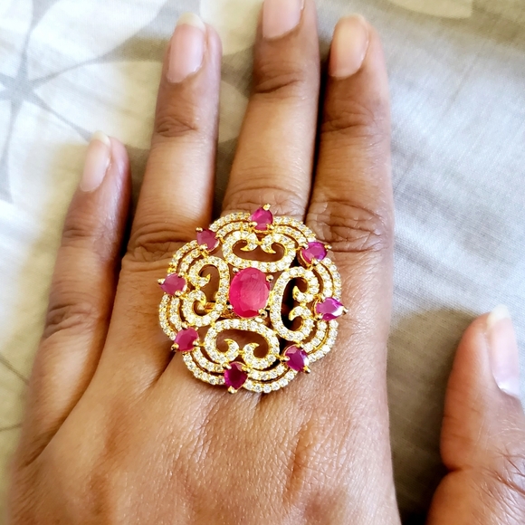 Gold Plated with Ruby and Cubic Zirconia Ring - Picture 1 of 5